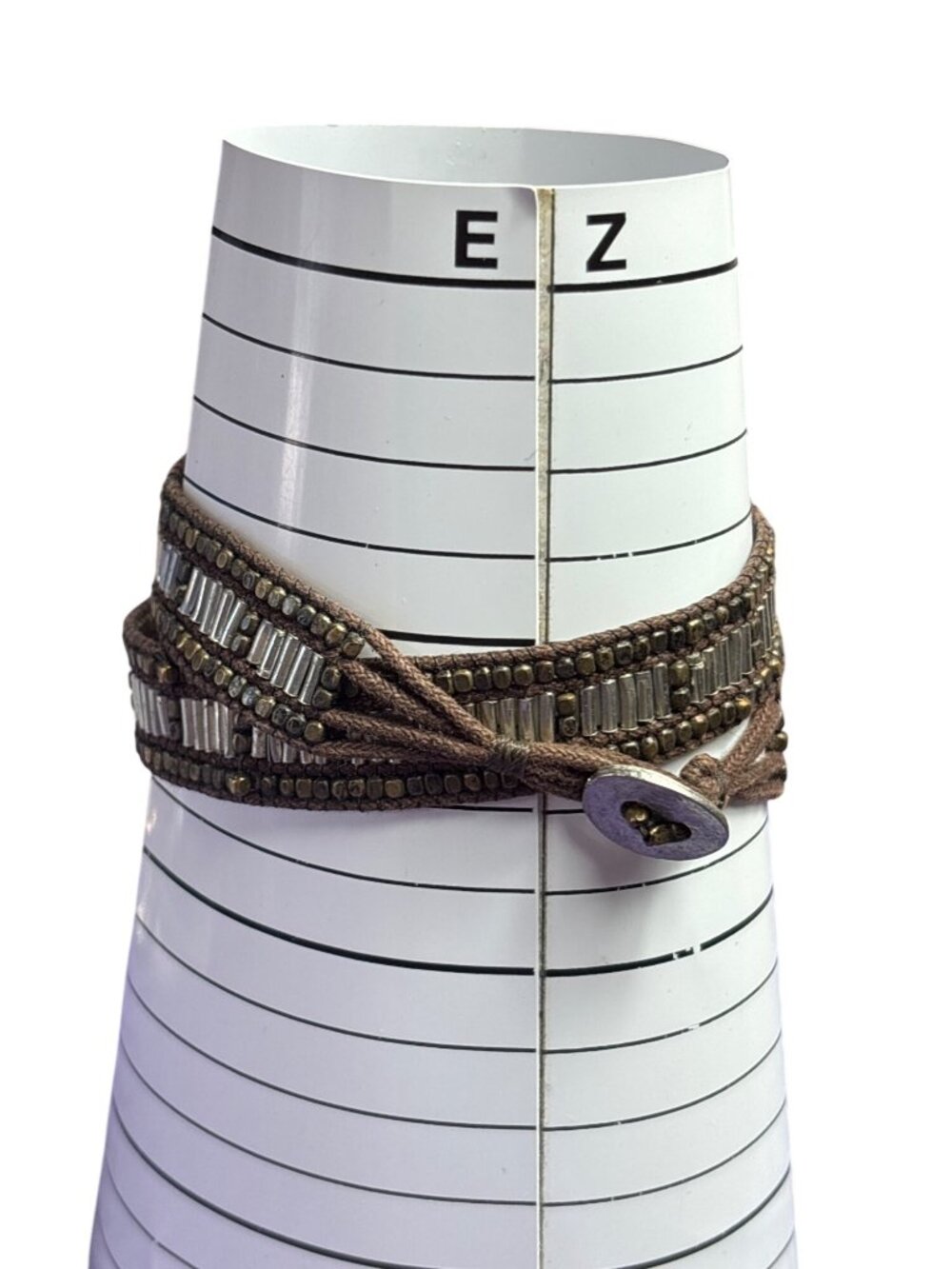 2 Tone Metal Beaded Brown Cord Wrap Bracelet Button Clasp 13.5 inches Long - Picture 4 of 4